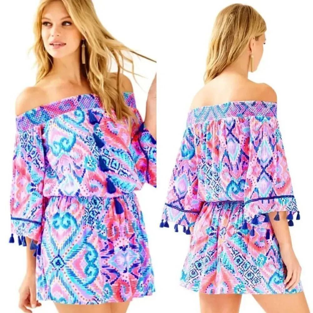 Lilly Pulitzer "Joelle" Off The Shoulder Tunic Dress Printed Smocked XS
